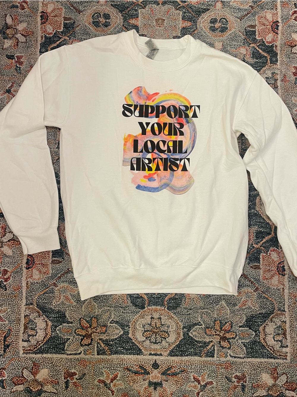 White Graphic Crewneck Sweatshirt - Support Your Local Artist